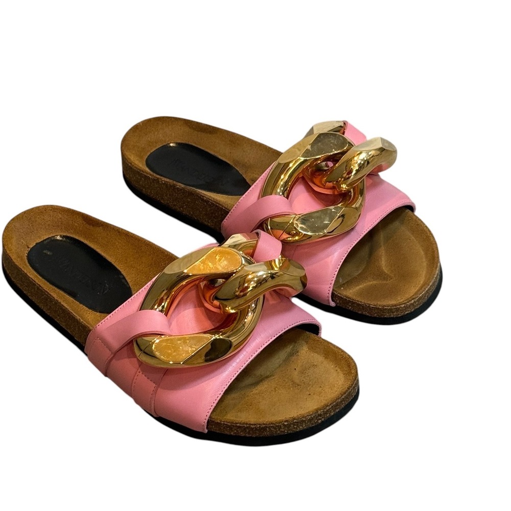 JW Anderson Baby Pink Leather Oversized Gold Chain Link Slide Sandals Shoes